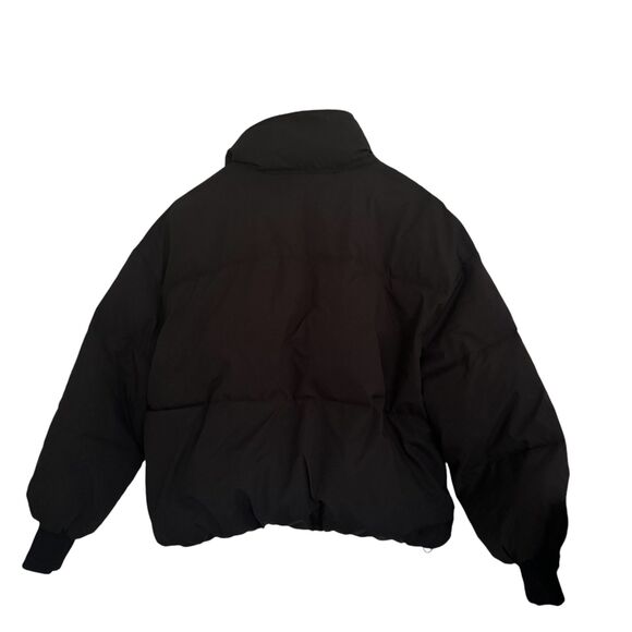 Cropped Black Puffer Jacket Soft Suede Leopard Print Collar Ribbed Cuffs Urban - Picture 4 of 12